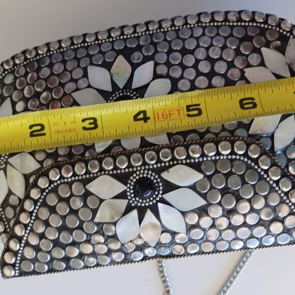 Antik Kraft Mother of Pearl Mosaic Crossbody Clutch Bag Silver Studded Boho - Picture 8 of 12